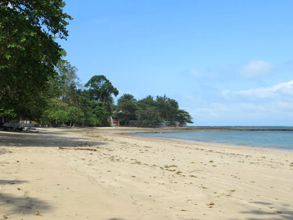 Plage de sable clair bordée d'arbres au cap Estérias, au nord de Libreville