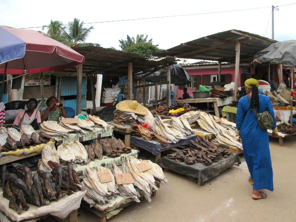Étals de poissons fumés sous des auvents au marché du quartier Isaac